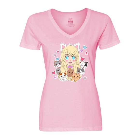 Inktastic Neko Anime Girl with Kittens Women's V-Neck T-Shirt