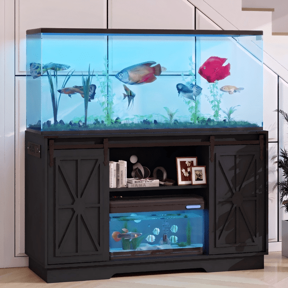 ELECWISH 55-75 Gallon Farmhouse Fish Tank Stand with Sliding Barn Doors, Aquarium Stand with Cabinet for Fish Tank Accessories Storage, Turtle Tank, Reptile Terrarium, Capacity 1100 LBS