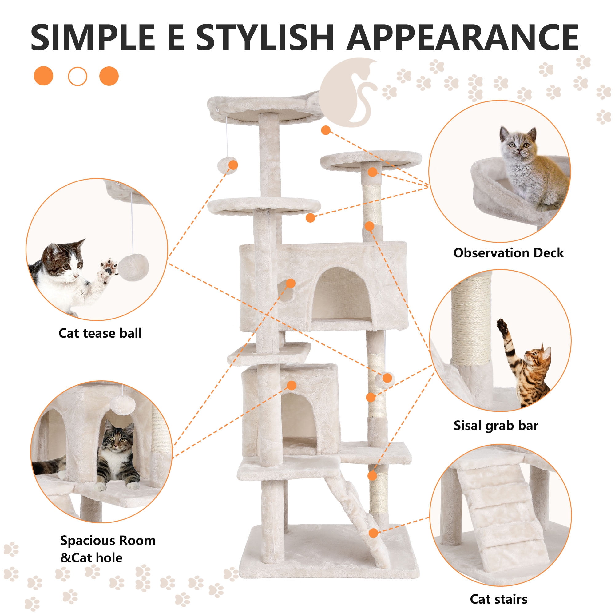 Dkelincs 54 inch Cat Trees and Towers for Indoor Cats, Cat Condo Scratching Post for Adult Cats, Multi-Level Cat Towers for Small Cats, Beige