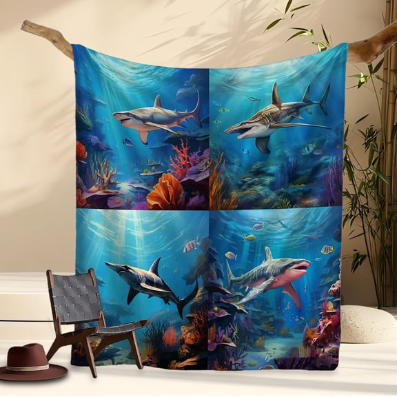 Deep Sea Love Shark-Themed Blanket: Introduce the Mystery and Power of the Ocean into Your Life with Unique Underwater World Design, Soft Flannel Material for Comfortable Companionship at Home, Trave