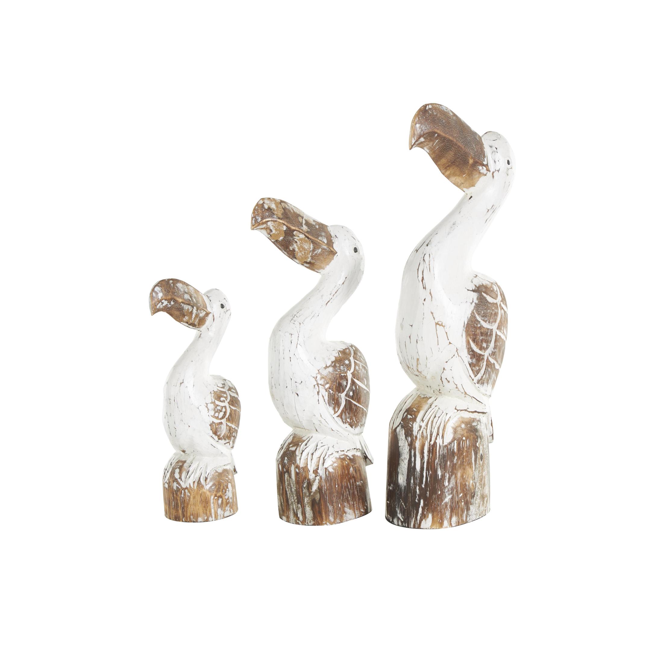 20", 16", 12"H White Wood Handmade Distressed Pelican Sculpture with Brown Accents, by DecMode (3 Count)