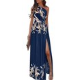 thumbnail image 2 of Vestido de noche sin mangas con corte fruncido y cintura alta, con un hombro y abertura lateral, dobladillo floral, color sólido, 2 of 5