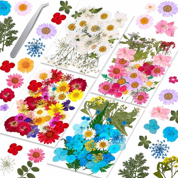 153 Pcs Dried Pressed Flowers for Crafts, Real Pressed Wildflowers Natural Dry Leaves Bulk with Tweezer for Epoxy Resin Jewelry Molds, Candle Soap Making, Scrapbook, Bookmark, Nails Decor