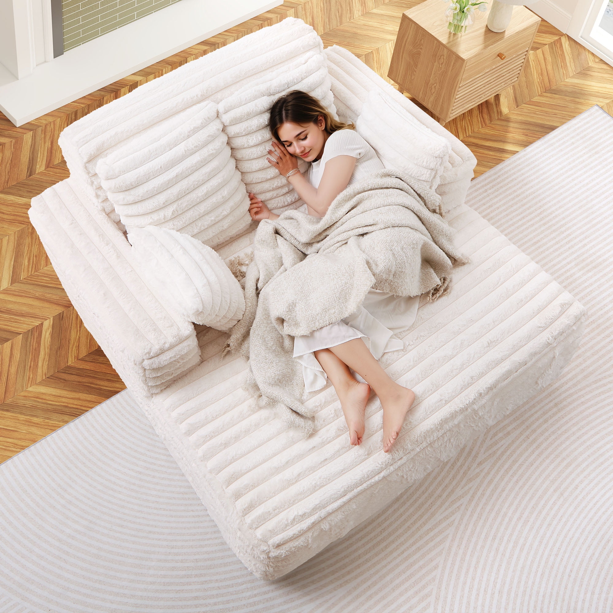 Muumblus Oversized Chaise Lounge Chair Indoor Furniture, No Assembly Required, Plush Corduroy Upholstered Sofa Bed Cozy Sleeper Couch for Living Room, Bedroom, Beige White