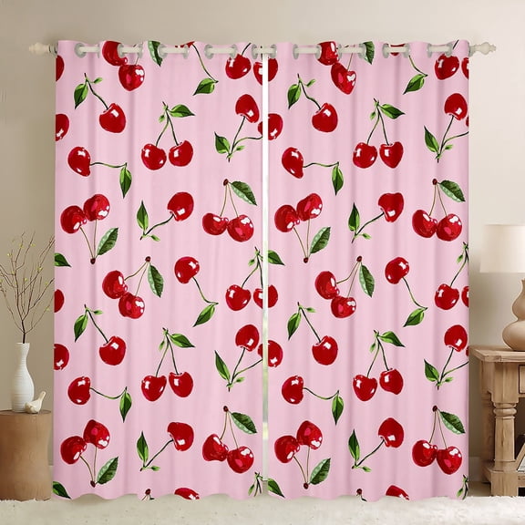 Feelyou Fresh Cherry Print Blackout Curtains Set of 2 (52x84 Each), Girly Pink Window Curtains, Cartoon Fruit Curtains and Drapes, Curtains and Drapes Bedroom Decoration