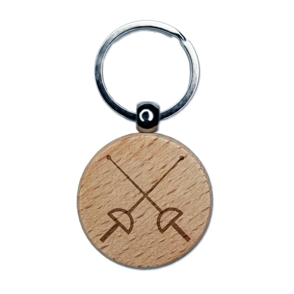 Crossed Fencing Swords Foil Round Keychain Charm Tag - Engraved Wood