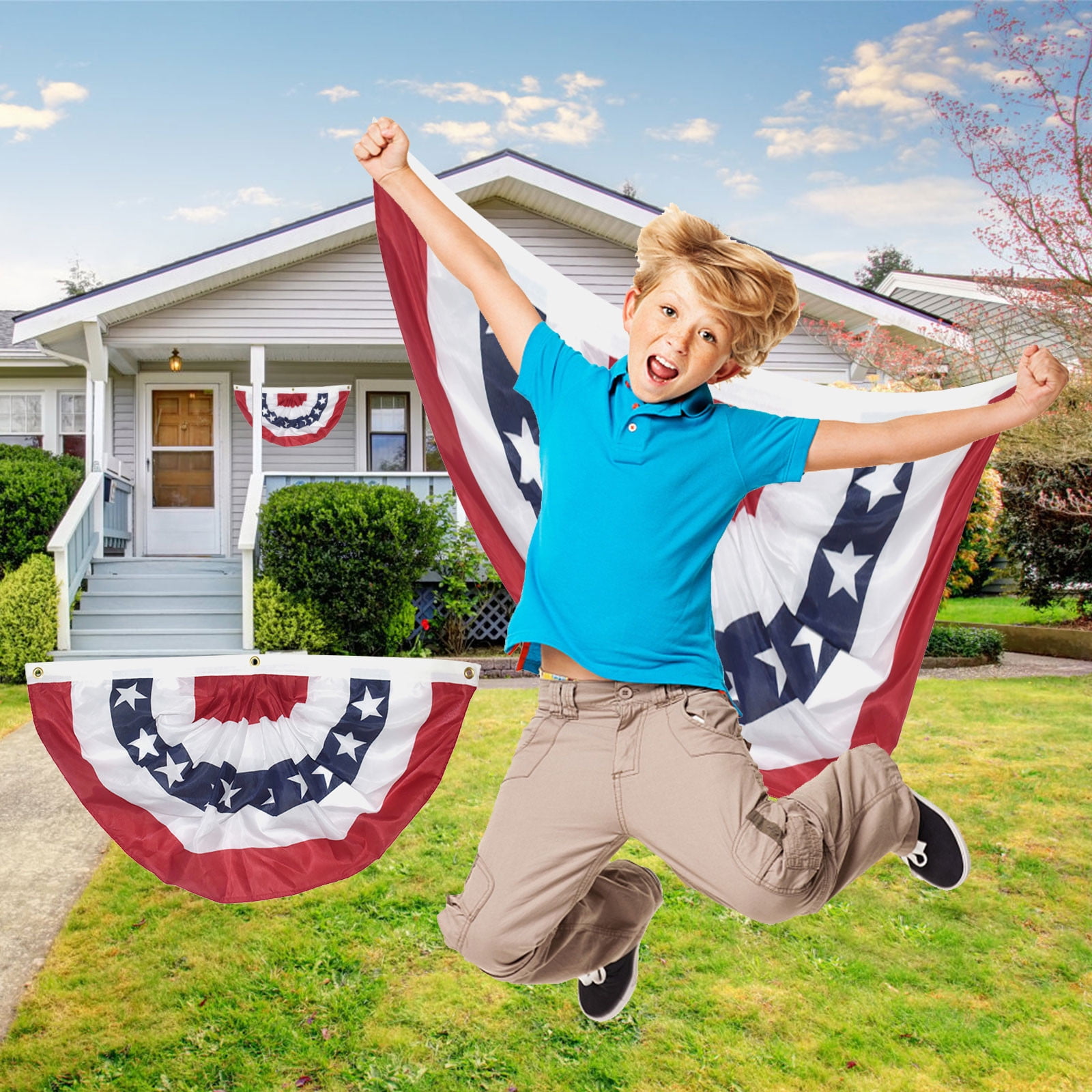 Patriotic Bunting Flag 2 Pack Red White Blue Pleated Fan Banner 35.4 x 17.7 in Porch Yard Decor A