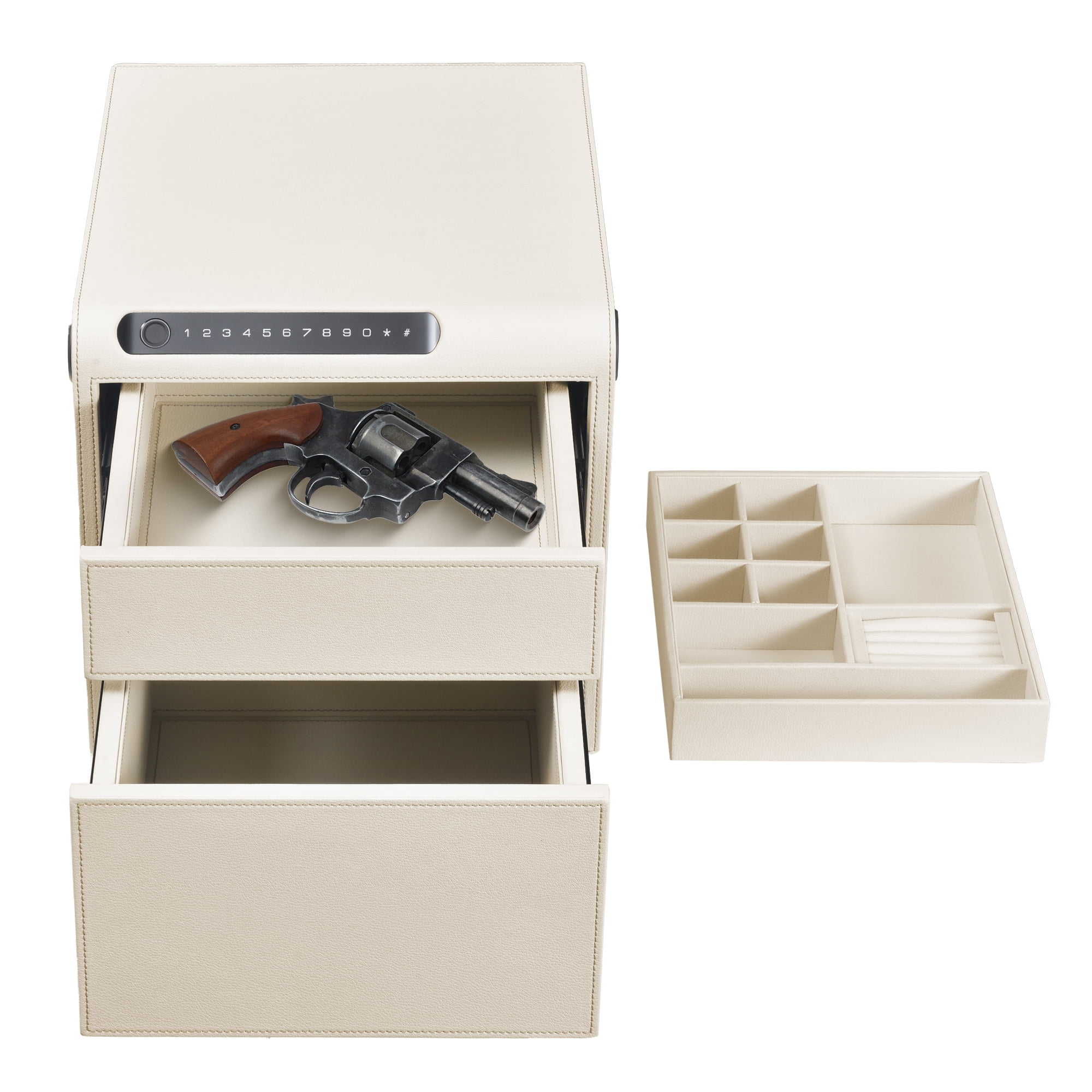 Digital Drawer Safe with Biometric Fingerprint & Keypad – Quick-Access Handgun Safe for Pistols, Leather-Wrapped Jewelry Storage, Ideal for Home Use