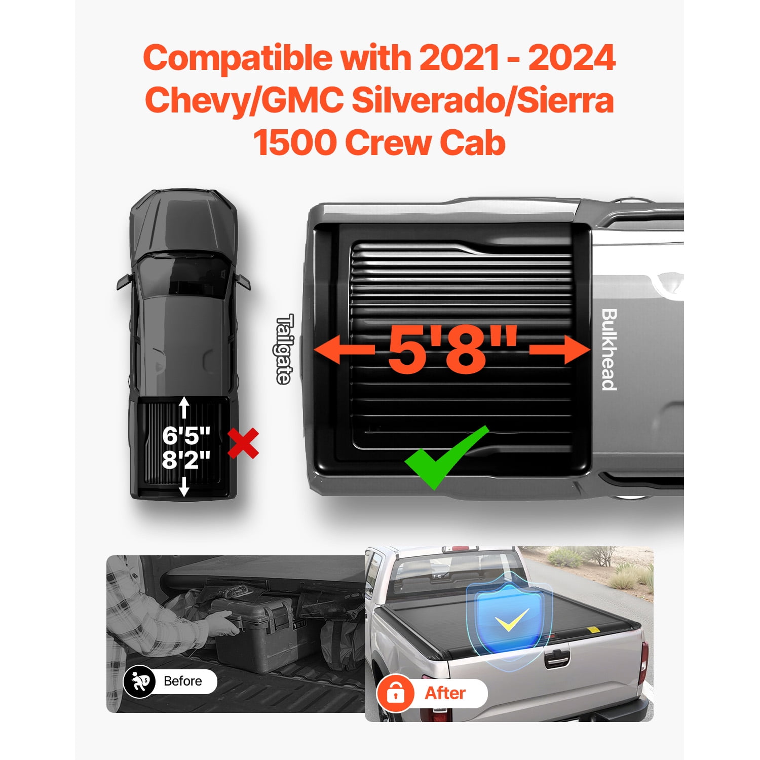 KFFKFF Retractable Truck Bed Cover, 5.8 ft Hard Cover with Integrated Drainage System for 2021-2024 Chevy/GMC Silverado/Sierra 1500 Crew Cab