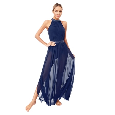 RUNQHUI Lyrical Dance Costume for Women Sleeveless Ballet Leotard Sheer Mesh Flowy Long Wrap Skirt Navy Blue L