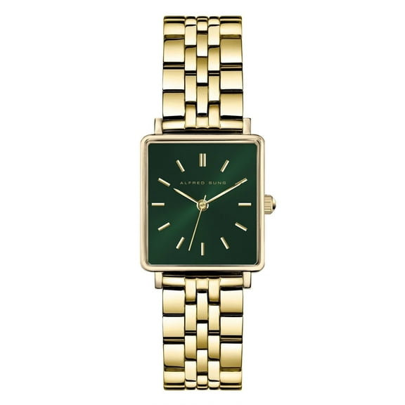 Alfred Sung Ladies Harmony Gold Green Sunray Dial Link Watch