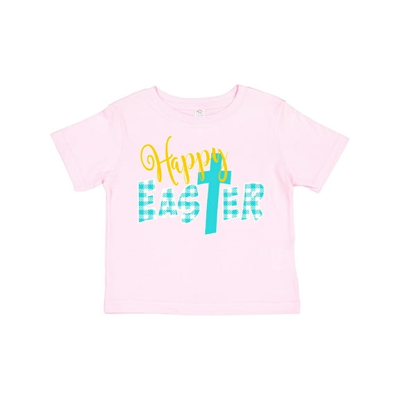 Inktastic Happy Easter with Cross in Teal Plaid Boys or Girls Toddler T-Shirt