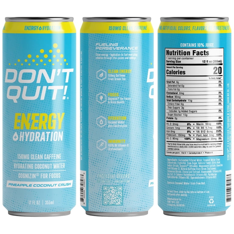 Don't Quit Clean Sports Energy Pineapple Coconut Crush 12oz 12pk