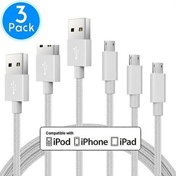 Micro USB Cable - 3Pack 3FT/6FT/10FT(1M/2M/3M) Nylon Braided Micro Charging Cables USB Charger Cord, Compatible with Samsung, LG, Motorola, Nexus, HTC, Sony, Nokia, Android Devices and More (Silver)