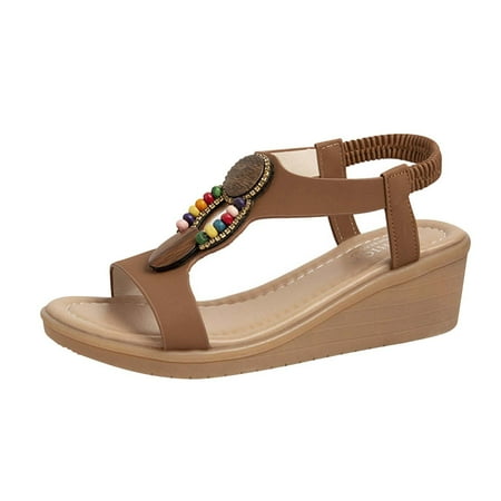 

KIJBLAE Women Summer Bohemia Style Shoes Beach Sandals Female Wedges Bohemia Shoes Ladies Open Toe Sandals Brown 40