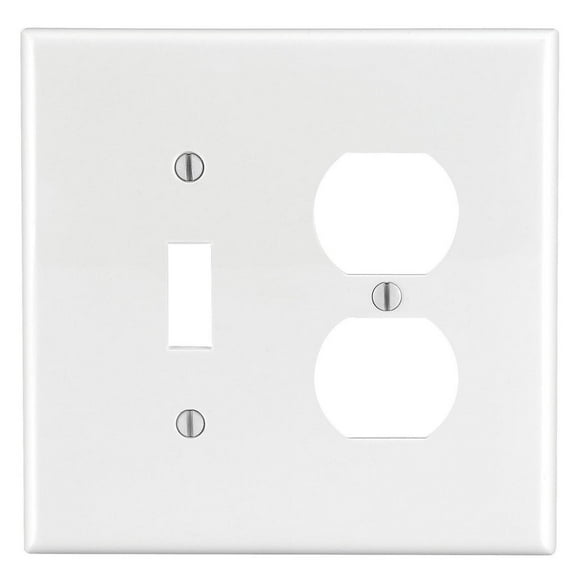 Leviton PJ18-W 2-Gang Combination Toggle Switch Duplex Receptacle Wall Plate, Unbreakable Nylon Outlet Cover, Midway Size, White