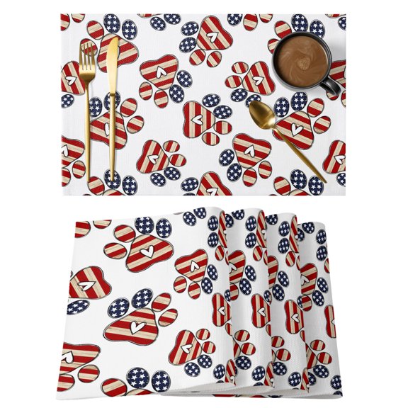 Paw Prints Placemats Set of 1 Stars Farmhouse American Flag 4th of July Heat Insulation Washable Place Mats, Non-Slip Table Mats for Dining Table Party Kitchen Decor, 13x19 Inch