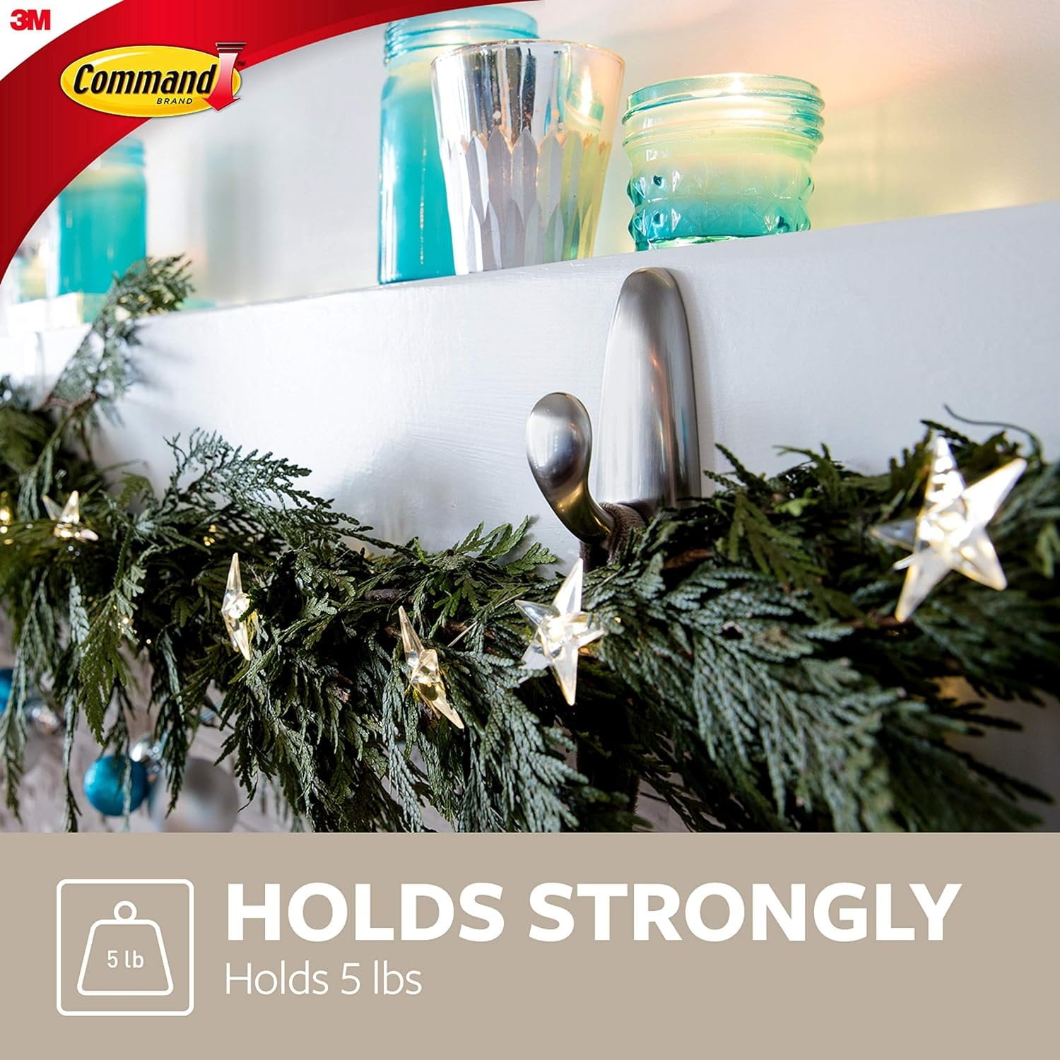 Command Forever Classic Medium Metal Wall Hooks, Damage Free Hanging Wall Hooks with Adhesive Strips, No Tools Double Wall Hooks for Hanging Christmas Decorations, 2 Metal Hooks and 4 Command Strips