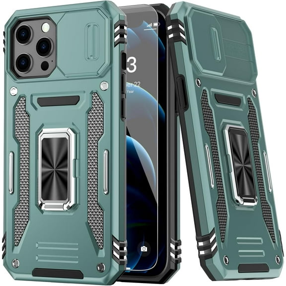 for iPhone 12 Case/iPhone 12 Pro Case with Screen Protector,Sliding Camera Cover,-Grade Cover with Stand Phone Case 6.1" Pale Green