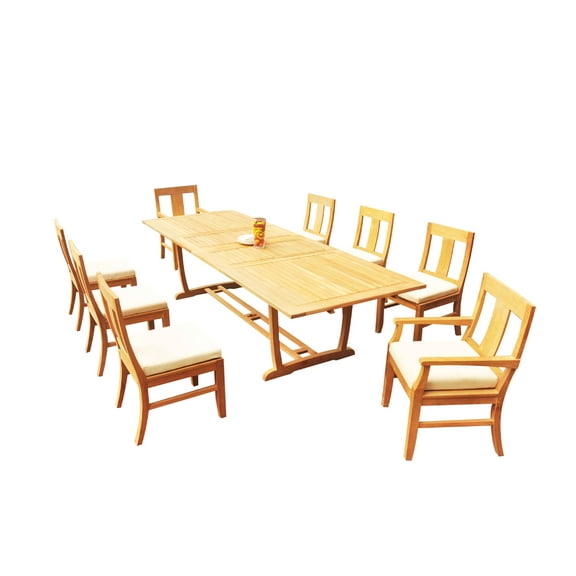 Grade-A Teak Dining Set: 8 Seater 9 Pc: 118" Mas Rectangle Trestle Leg Table And 8 Osborne Chairs (2 Arm & 6 Armless Chairs) WholesaleTeak #51OS2509