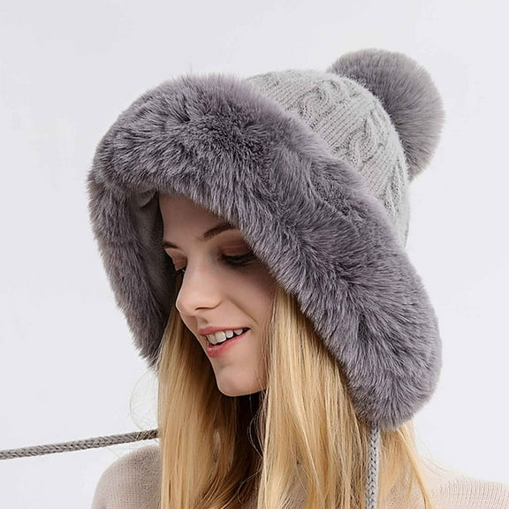 BRDFRL Winter Hats Cute Kint Hat Russian Fur Crochet Hat Slouchy Beanies with Pompom Warm Fuzzy Snow Cap Trapper Hat for Women