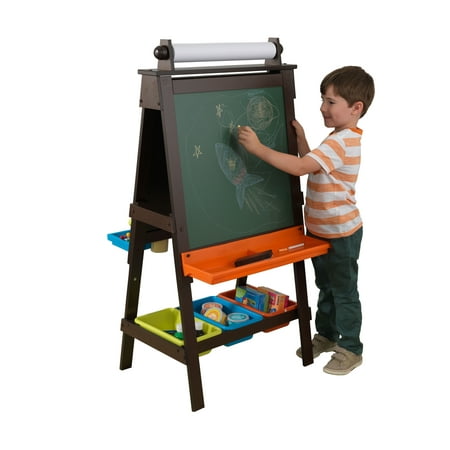 KidKraft Wooden Storage Easel with Dry Erase and Chalkboard Surfaces, Childrens Art Furniture - Espresso