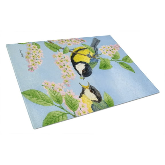 Caroline's Treasures Eurasian Blue Tits Birds Glass Cutting Board Large