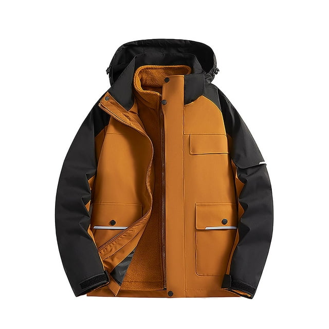 WRKEKC Men's Slim Fit Hooded Jacket with Adjustable Drawstring and Contrast Stitching, Urban Utility Coat for Modern Workwear Brown 3XL