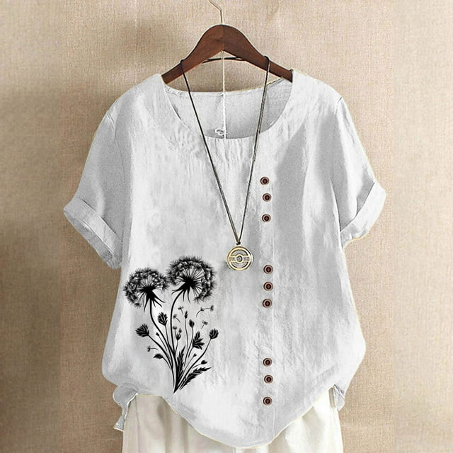 UPPADA Tuniques à Manches Courtes pour Femmes Col Rond Coton Lin Chemises Décontractées Imprimé Floral Bouton Blouse Ample Grande Taille Tunique Ample Coupe Décontractée Bouton Blouse Ample Confortable Blanc,XXXXXL