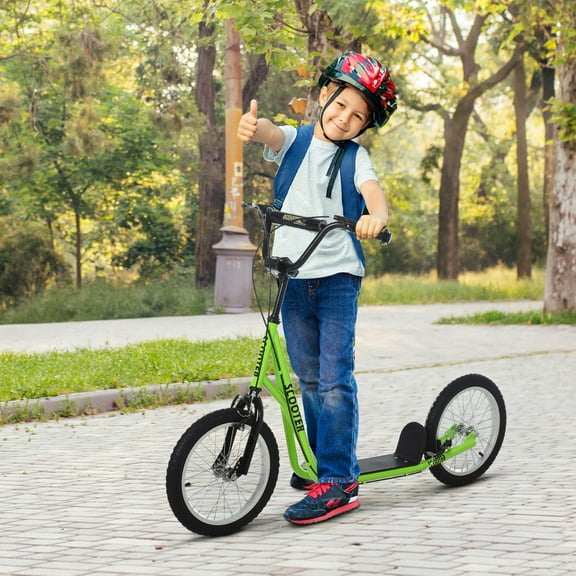 Aosom Youth Scooter Kick Scooter for Kids 5  with Adjustable Handlebar Front and Rear Dual Brakes Inflatable Wheels, Light Green