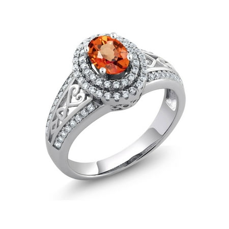 Orange Sapphire Diamond Anniversary Ring - 1.41 Ct Oval Orange Sapphire 925 Sterling Silver Women's Ring