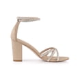 thumbnail image 3 of BLISSFUL STEP Women's Shoes Rhinestone Crisscross Strappy Block Heel Faux Suede Ankle Buckle Sandals Khaki 9, 3 of 7