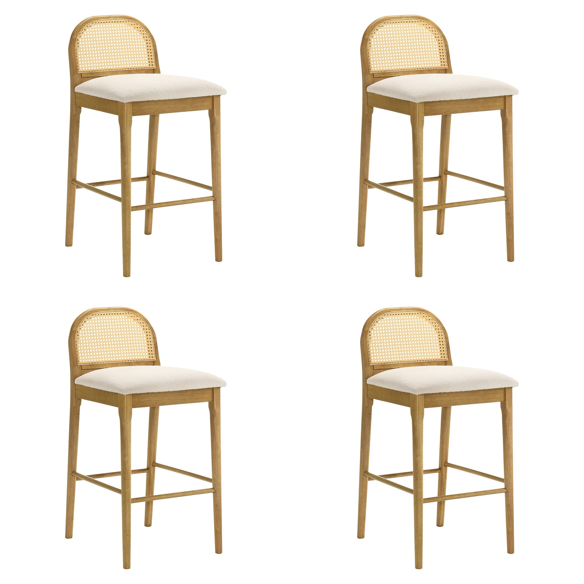 Lucio Modern Farmhouse Wood Bar Height Kitchen Bar Stool in Amber Glow Finish with White Boucle Fabric Upholstered Seat - Set of 4