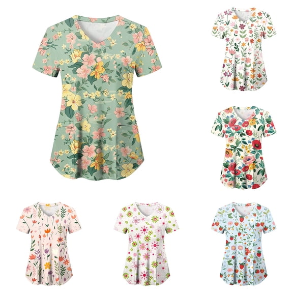 GEWSEY Scrub Tops Women Funny Print V Neck Short Sleeve Shirts Stretch Anti Nursing Uniform (Light Green, L)