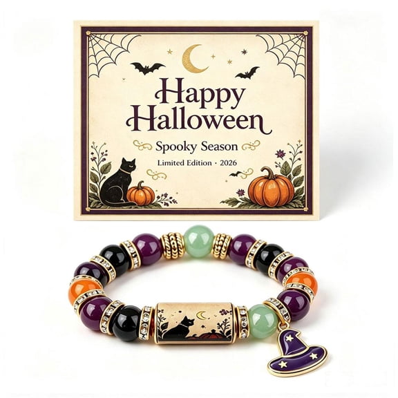 2026 Halloween Black Cat Pumpkin Beaded Bracelet Gift Set | Stretchable Adjustable Bead Bracelet with Witch Hat Charm