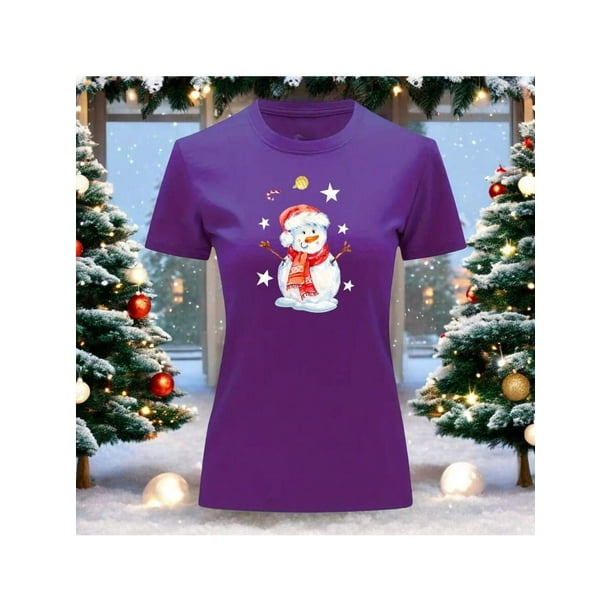 Playera Blusa Con Estampado De Muñeco De Nieve Navidad Color Morado Talla Mediana Marca Emil SaEs