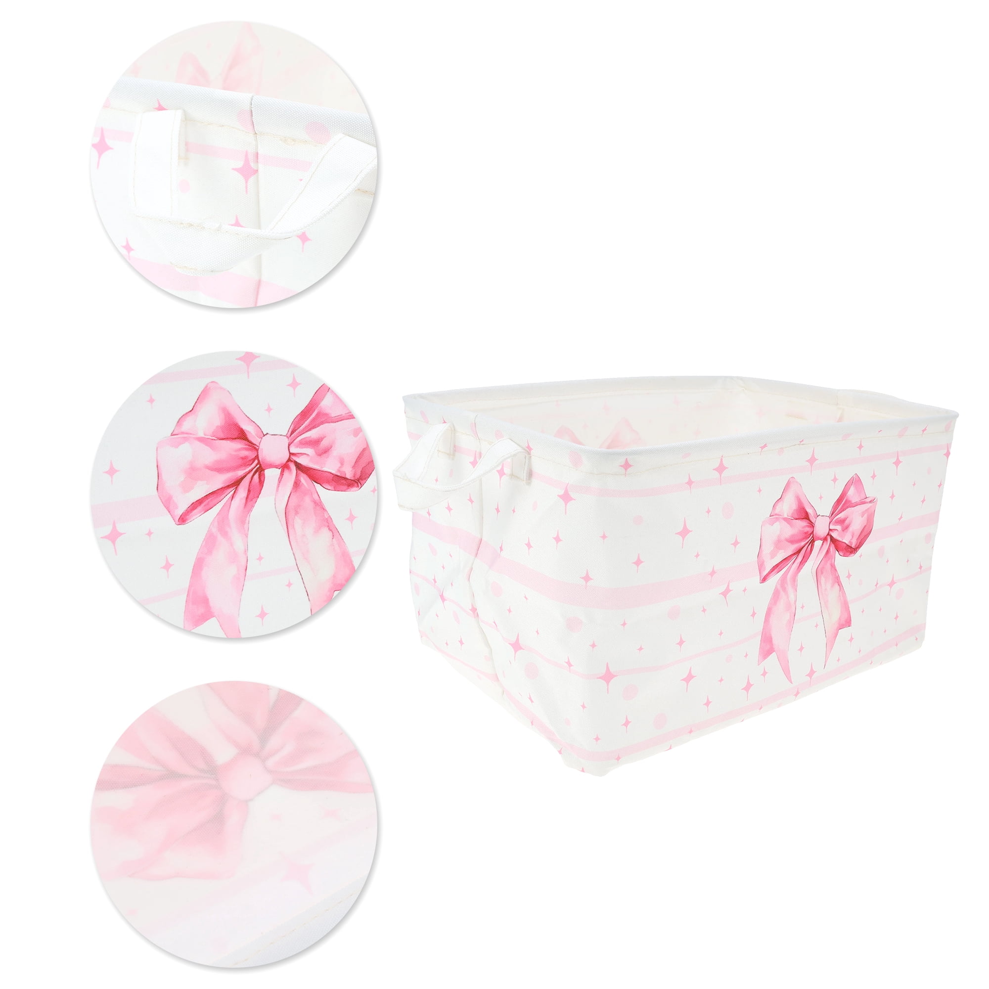 Unique Bargains Bow Print Storage Basket 14.9x10.2x8.6in 1 Pc Light Pink, White