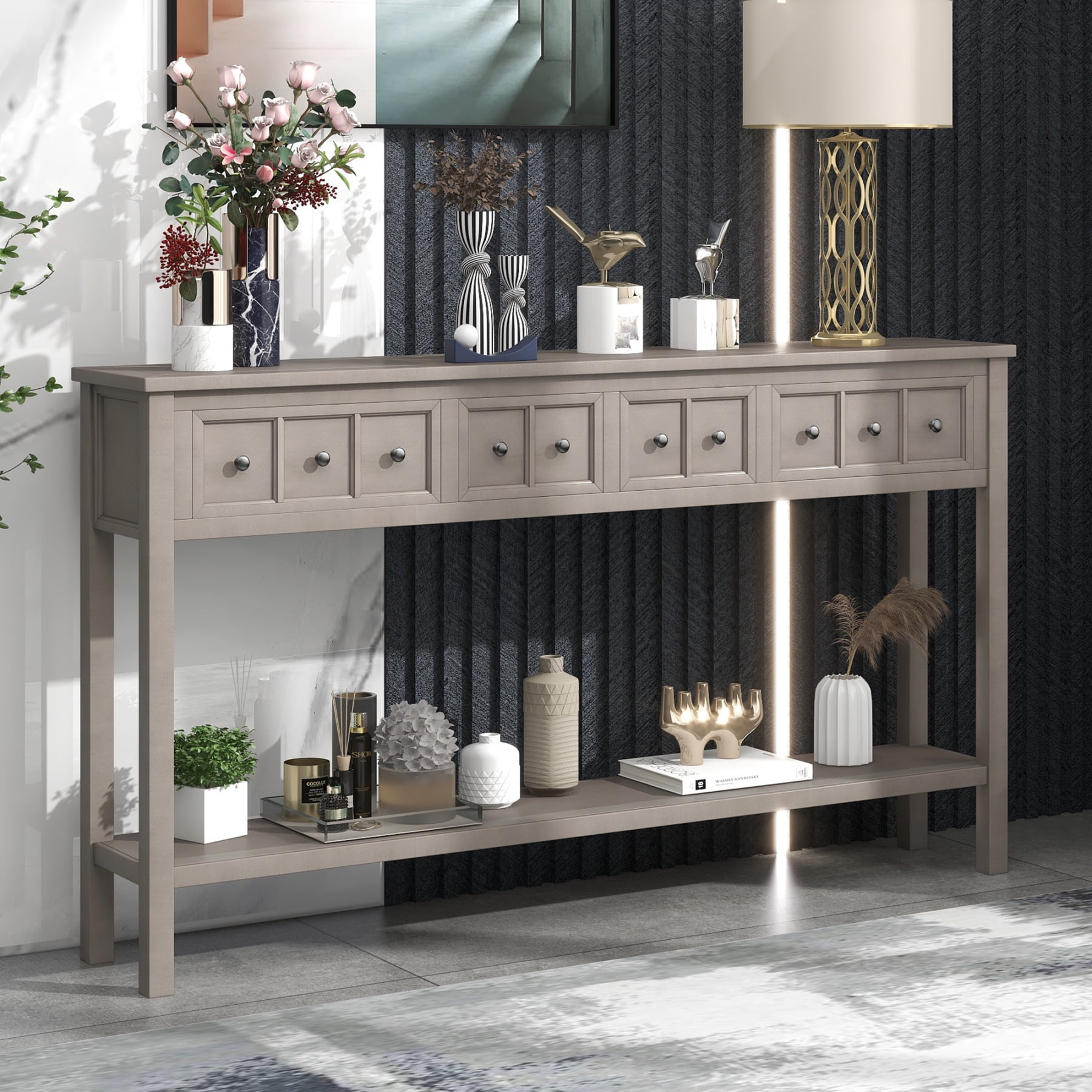 60-Inch Rustic Entryway Console Table, Long Sofa Table with 2 Small Drawers and 2 Larger Drawers, Bottom Shelf for Storage (Gray Wash)