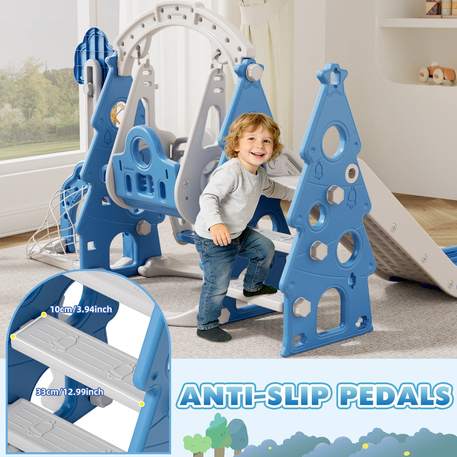 XJD 6-in-1 Toddler Slide and Swing Set, Kids Indoor Outdoor Playset with Basketball Hoop, Backyard Playground for Toddlers 1-3 Years Old, Blue