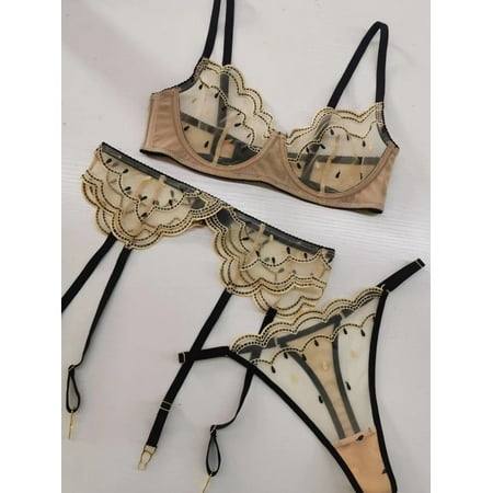 HHH Sexy Lace Lingerie Ultra-Thin See-through Big Chest Show Sexy Embroidery Bra Set Three-Piece Set
