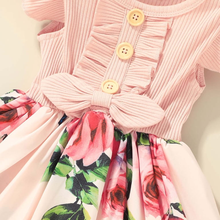 Jinhomg Sleeveless Dresses for Toddler Girls Trendy Floral Print Patchwork Dress Summer Comfy Ruffle Sleeveless Midi Dresses Pink 12-18 Months