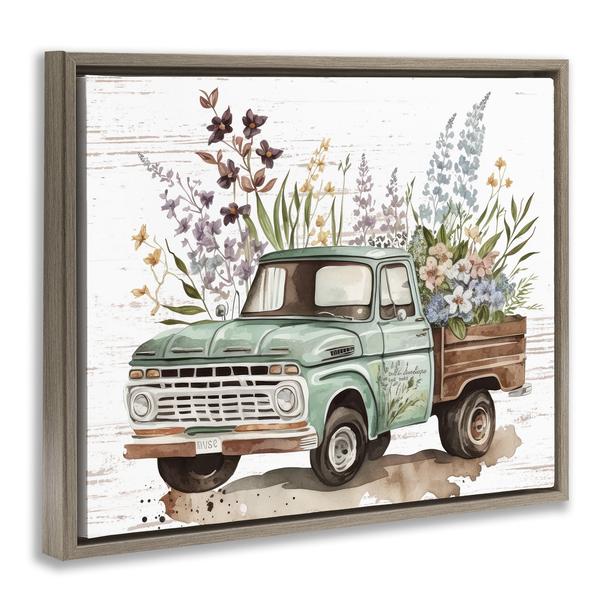 Stupell Industries Floral Herb Truck Transportation Painting Brown Floater Framed Canvas Art Print Wall Art, 21 x 17