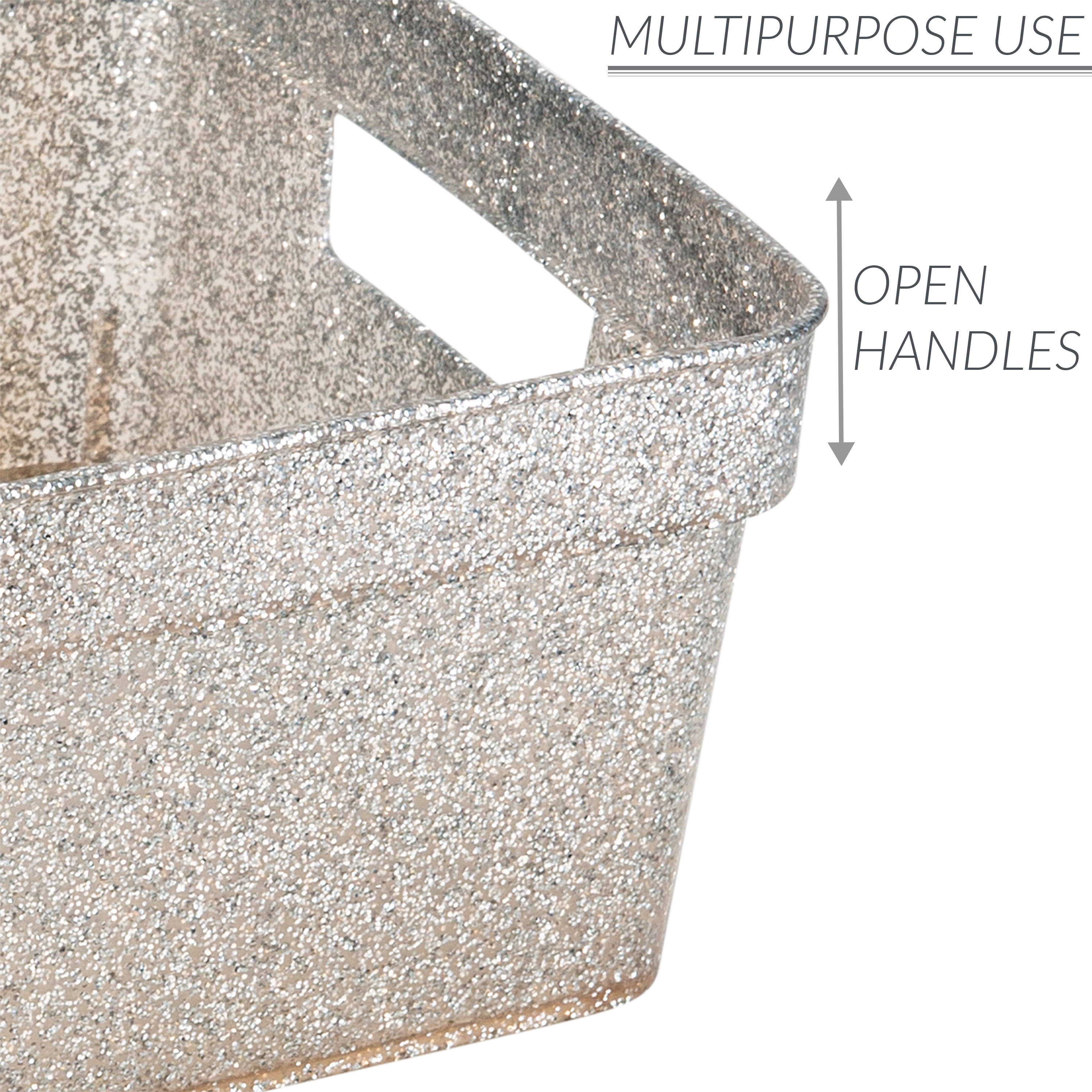 Simplify 3 Pack Small Polypropylene Glitter Storage Tote Baskets, Silver