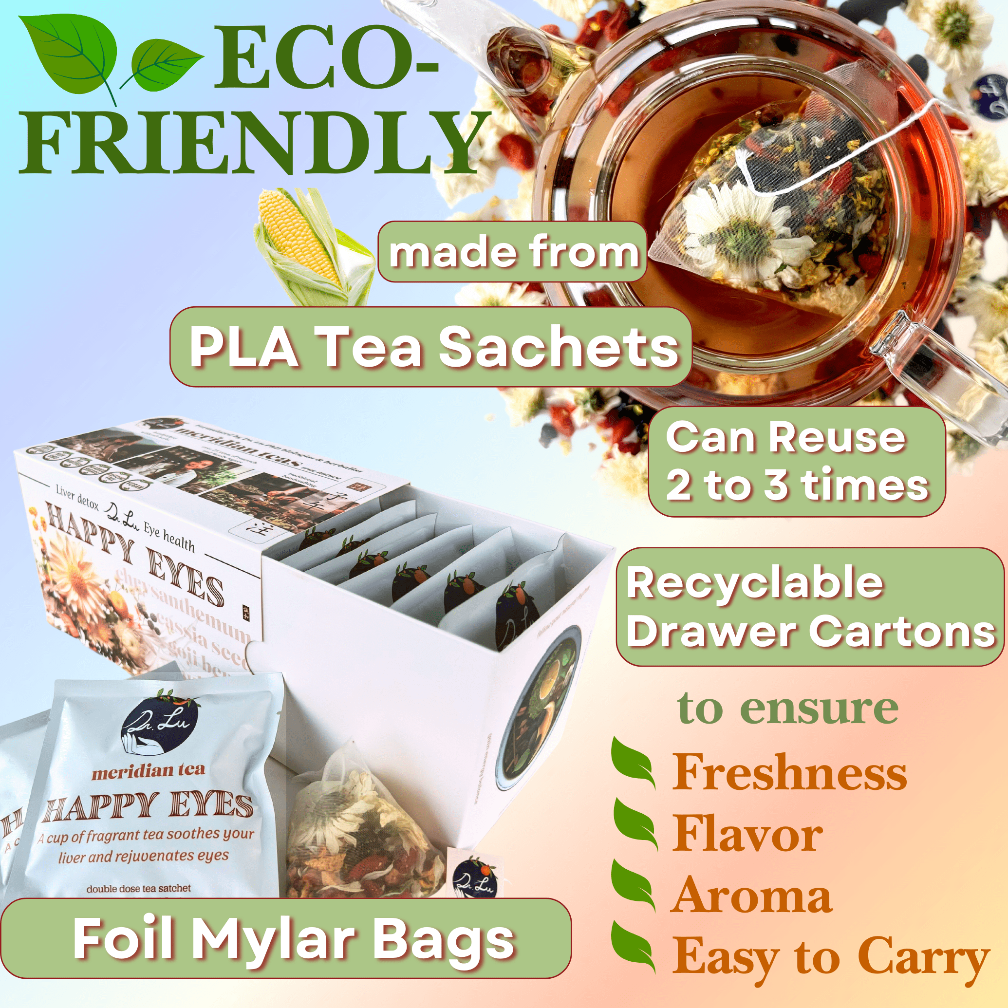 Dr. Lu’s Happy Eyes Tea | Eyebright Tea for Liver Cleanse | Liver Detox Tea for Eye Health | 8-Flavor Chinese Herbal Tea Made in US | Chrysanthemum Tea with Cassia seed, Goji berries, Mulberries…