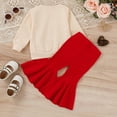 thumbnail image 4 of Mercatoo Toddler Baby Girl Valentine's Day Outfits Valentines Long Sleeve Crewneck Sweatshirt Ribbing Flare Pants 2Pcs Set, 4 of 7