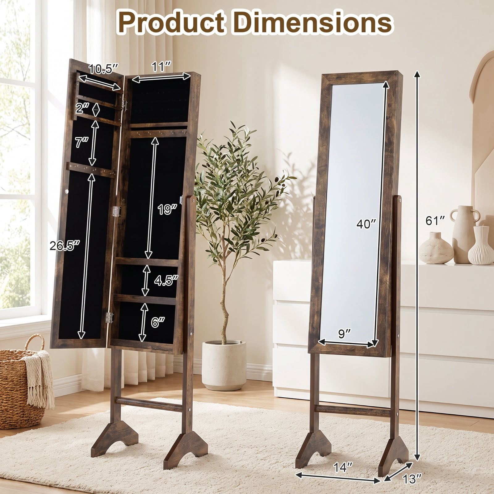 Furnibear Freestanding Jewelry Armoire with Velvet Lining and Full Length Mirror for Bedroom Dressing Room Jewelry Necklace Rings Storage, Brown
