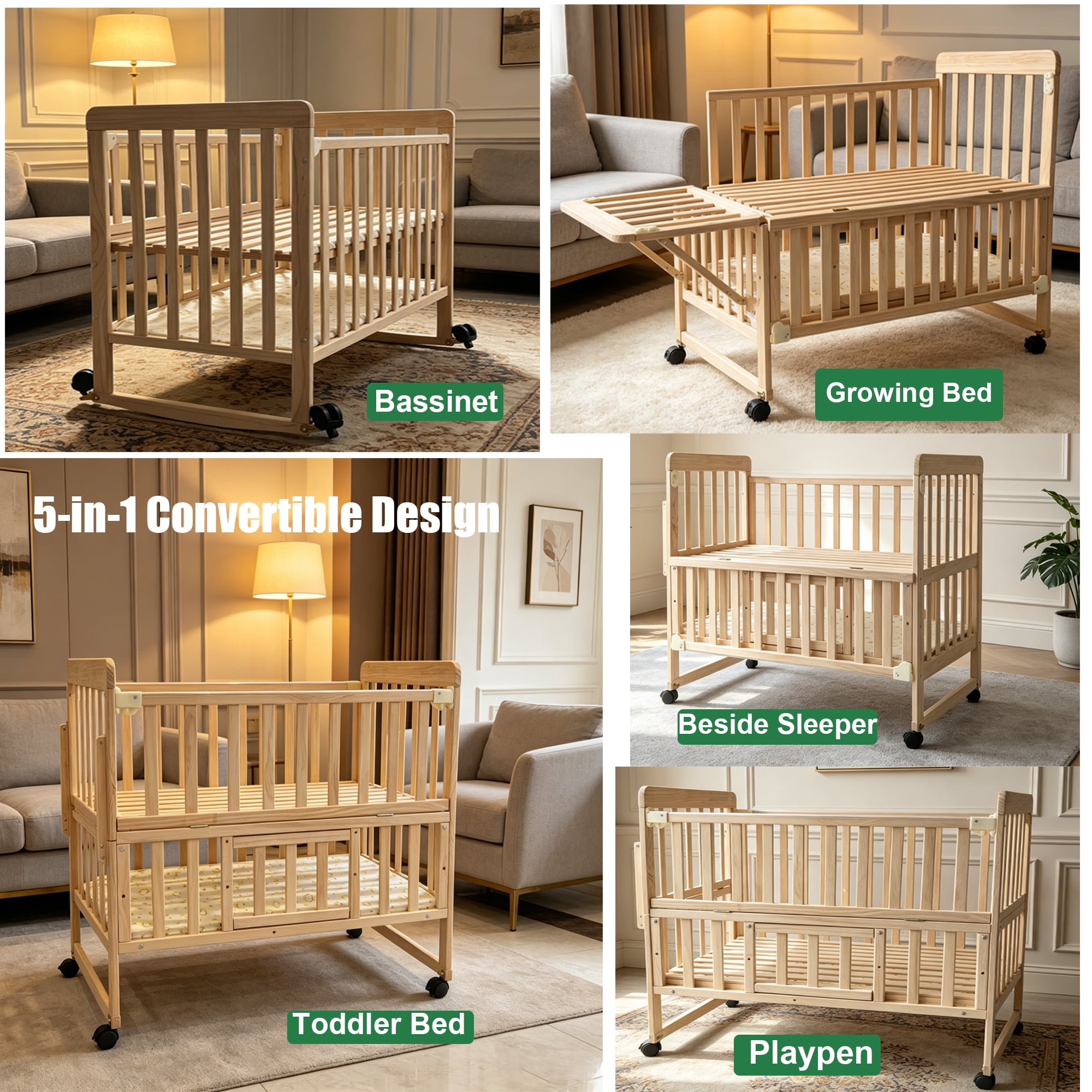 5-in-1 Convertible Baby Crib, Solid New Zealand Pine Wood, 2-Position Adjustable Mattress Base, Under-Crib Storage, Anti-Chew Guard Strips for Nursery