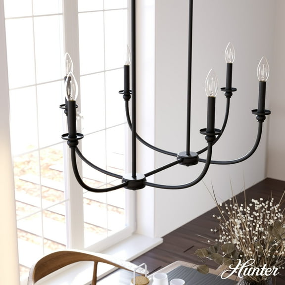 Hunter - Southcrest 6-light Matte Black, Large Chandelier, Dimmable, Linear Shaped, for Bedrooms, Dining, Living Rooms - 19644