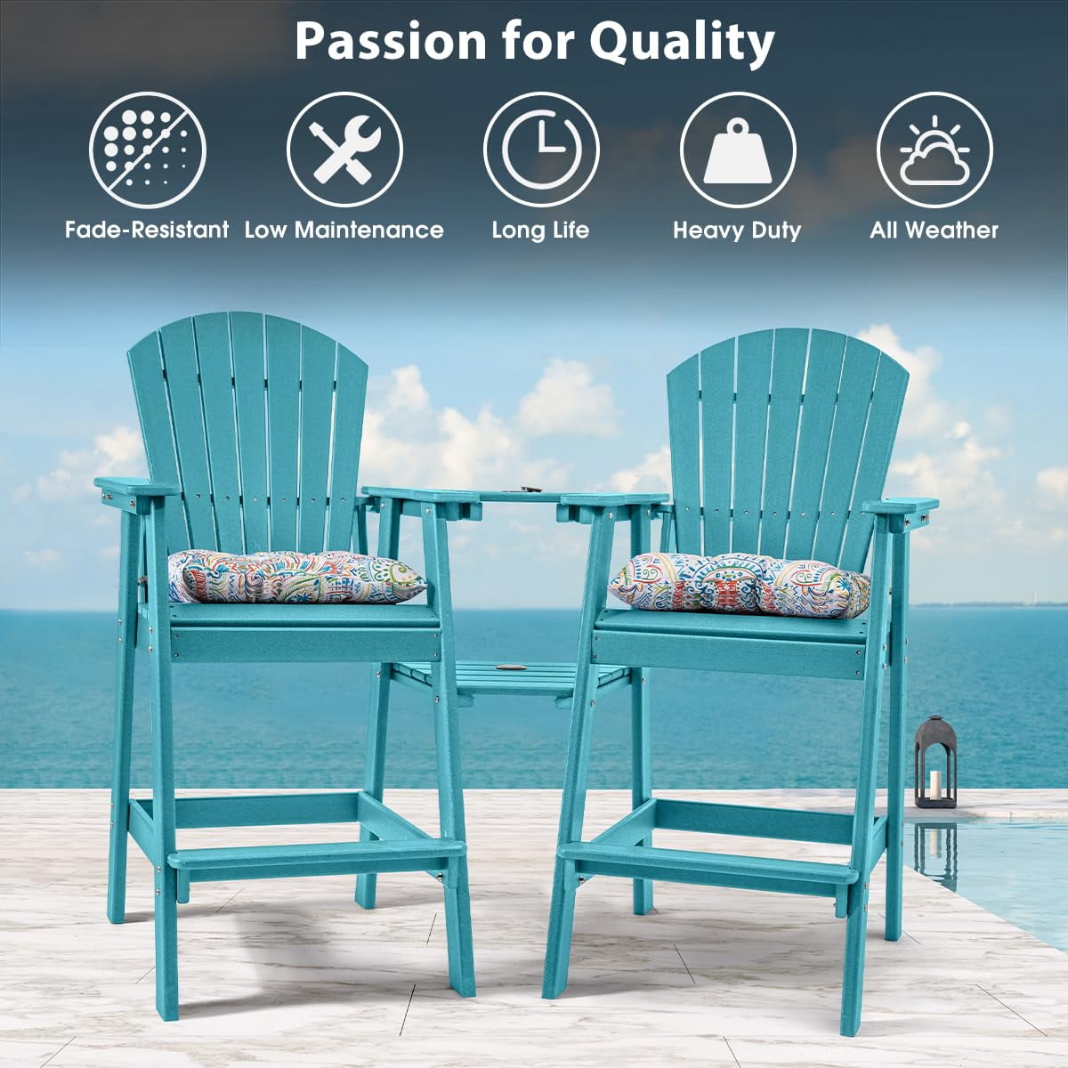 Tall Adirondack Chairs Set of 2 with Table, Patio HDPE Bar Set, 3 PCS Counter Height Dining Bistro Set, Pub Table with Stools, 2 Umbrella Hole Caps, Teal