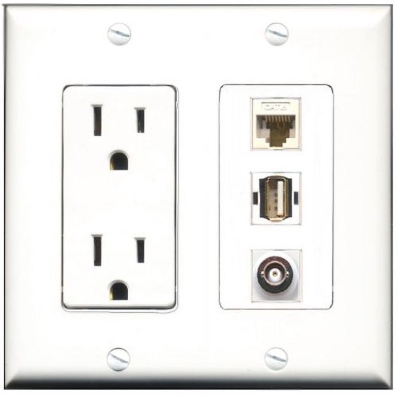 RiteAV - 15 Amp Power Outlet 1 Port USB A-A 1 Port BNC 1 Port Cat6 Ethernet Ethernet White Decorative Wall Plate
